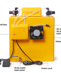 Rear view of Pro-Grade Heavy Duty Sand Blaster Cabinet with power cord, control box, air inlet, exhaust fan, and foot pedal.