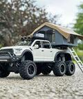 F150 Diecast Pickup Truck For Kids Ages 4-8 With Sightseeing Cabin Pull Back Car With Light And Sound Durable Zinc Alloy And ABS Realistic Details White with rooftop tent outdoors