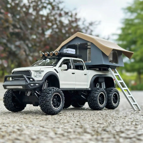 F150 Diecast Pickup Truck For Kids Ages 4-8 With Sightseeing Cabin Pull Back Car With Light And Sound Durable Zinc Alloy And ABS Realistic Details White with rooftop tent outdoors