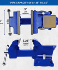 Top and side views of Beefy Six Point Five Inch Combination Vise For Pipe And Bench Work With Swivel Base Cast Iron And Steel
