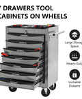 21 Inch Lockable Steel Tool Chest Rolling Garage Cabinet With Smooth As Silk Ball Bearing Slides, Brake Caster Wheels That Park It Straight, Heavy Duty Workshop Storage Organizer Built Different For Gear on wheels with 7 drawers.