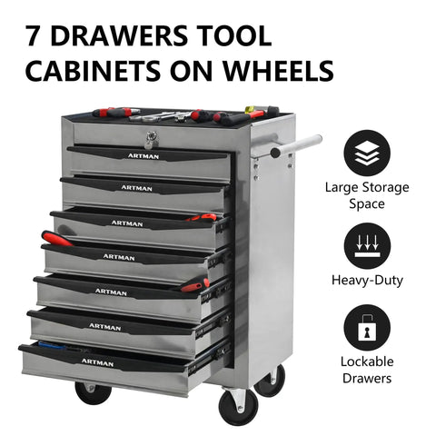 21 Inch Lockable Steel Tool Chest Rolling Garage Cabinet With Smooth As Silk Ball Bearing Slides, Brake Caster Wheels That Park It Straight, Heavy Duty Workshop Storage Organizer Built Different For Gear on wheels with 7 drawers.