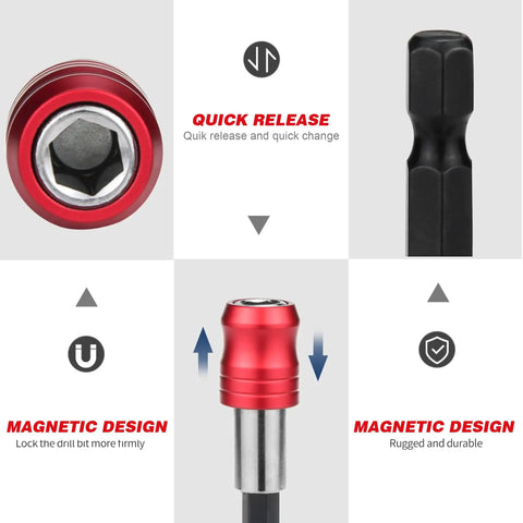 Close-up views of Go-To Pro 2 Piece Quarter Inch Quick Release Bit Holder, highlighting quick release and magnetic design features.