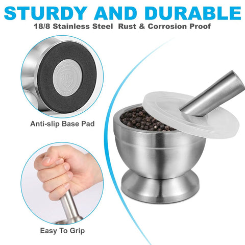 Stainless Steel Mortar And Pestle Set With Non Slip Base For Spices Herbs And Pesto Making Heavy Duty Kitchen Crusher