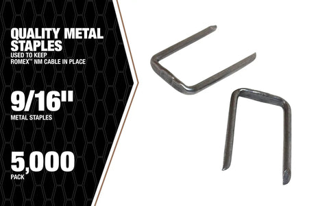 Image of nine sixteenth inch Romex metal staples 5000 count bucket for NM and UF cable, sharp tips and recessed heads visible.