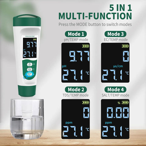 5 In 1 Digital PH Meter With Voice Function For Pools Spas Aquariums Hydroponics Tests PH TDS EC Temperature And Salt Waterproof Rechargeable Pen Water Quality Tester On The Go displaying modes