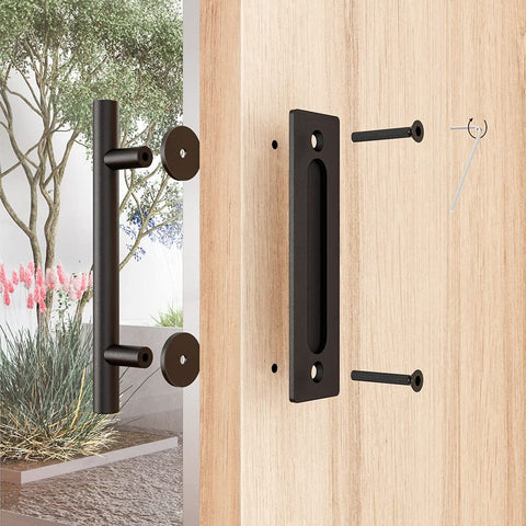 Two Sided 12 Inch Sliding Barn Door Handle Hardware With Round Grip And Flush Pull built tough heavy duty black stainless steel installed