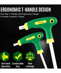 Top Notch T Handle Metric Hex Key Set With Nifty Storage Rack For Tough DIY Chores And Vehicle Maintenance That Keeps Tools Organized And Ready To Roll., green 8mm and 10mm T-handle hex keys with ergonomic grip