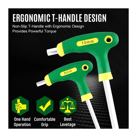 Top Notch T Handle Metric Hex Key Set With Nifty Storage Rack For Tough DIY Chores And Vehicle Maintenance That Keeps Tools Organized And Ready To Roll., green 8mm and 10mm T-handle hex keys with ergonomic grip