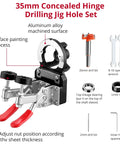 Durable 35mm Concealed Hinge Jig for Cabinets and Wood Furniture, Aluminum Alloy Precision Tool with accessories visible.