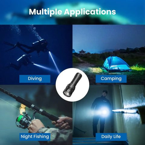 Image showing multiple applications of Ultra Bright 3000 Lumen Scuba Dive Light With Magnetic Ring Switch IPX8 Waterproof For diving, camping, night fishing, and daily use.