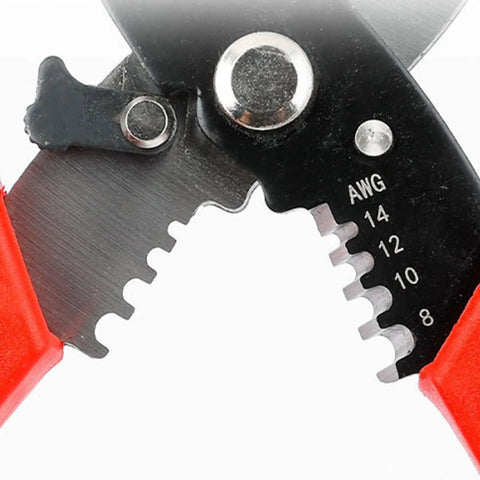Close-up of eight inch wire strippers and cable cutters built like a tank with hardened manganese steel blades.