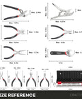 Size chart of Essential 10 Piece Pliers And Wrench Set With Storage Rack Includes Locking Long Nose Pliers Diagonal Cutters and Mini Pliers.