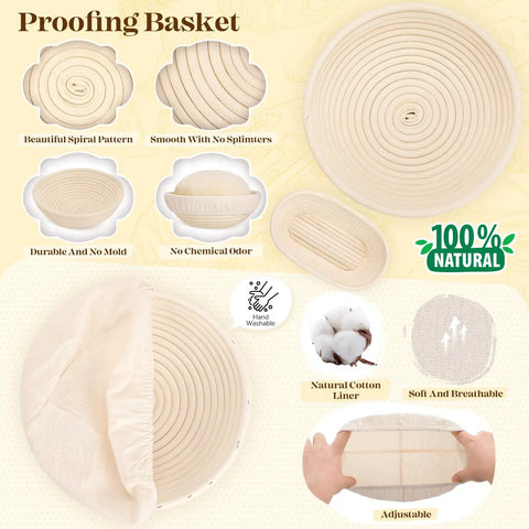 All-In-One Sourdough Starter Kit with round and oval proofing baskets showing spiral pattern and natural cotton liner.
