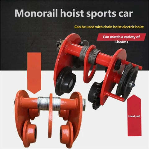 No Fuss Heavy Lifter Hand Chain Hoist With Integrated Monorail Trolley For Standard I Beam Structures In Warehouses And Workshops Featuring A Smooth Five Ton Manual Pull System That Gets The Job Done Right - Red monorail trolley wheels and framework