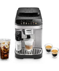 Front view of the Magnifica Evo Automatic Espresso and Coffee Machine with Auto Milk Frother Built In Grinder Auto Clean Function Seven One Touch Drinks for Latte Cappuccino Americano Iced Coffee ECAM29084SB Silver.