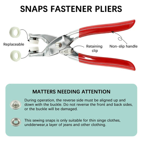 240 Piece Snaps Button Fastener Kit With Hollow And Solid Prong Snaps, Pro Grade Pliers Press Tool, red-handled pliers image