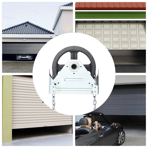 Garage Door Jackshaft Chain Hoist 1 To 1 Reduced Drive, 331 Lbs Capacity, shown with various roll up door types.
