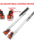 3D Adjustable Locking Device for drawer slides with orange locking mechanism and metal rails for fine adjustments.