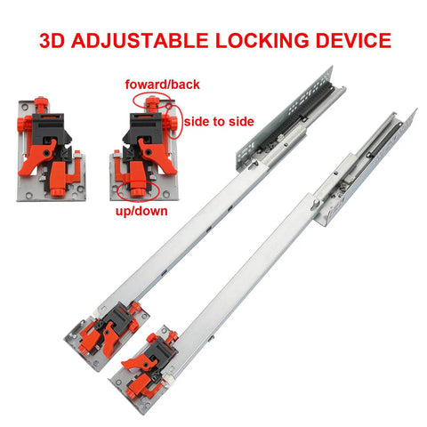 3D Adjustable Locking Device for drawer slides with orange locking mechanism and metal rails for fine adjustments.