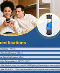 1 Micron 10 Inch By 2 Point 5 Inch Whole House CTO Carbon Water Filter Cartridge Replacement For Home Filtration Systems 4 Pack Reduces Chlorine Up To 99 Percent Plus Sand Rust Sediment And Color BPA Free Food Grade Materials specification chart with two people reading.