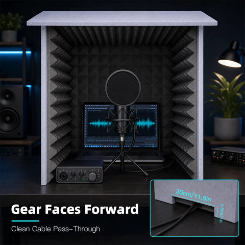 28 Inch Foldable Soundproof Desktop Booth For Sweet Vocal Trax And Podcast Recording Featuring No Fuss Quick Snap Setup with microphone and computer inside.