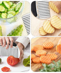Stainless steel crinkle cutter with black handle; collage shows cucumber, potato, tomato and carrot being sliced.