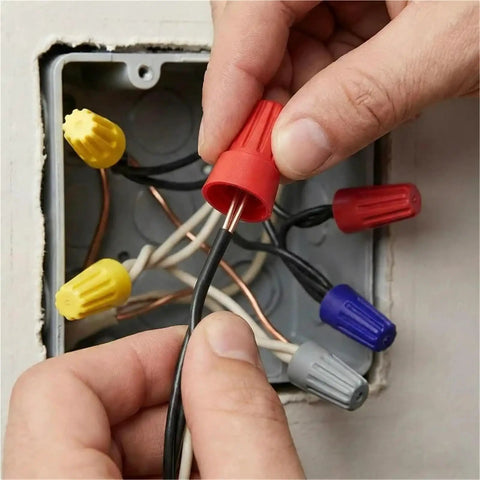 Huge 500PCS Wire Connector Kit With P1 Through P6 Twist Terminal Caps For Solid And Stranded Copper Wiring That Really Locks Things Down Tight And Keeps Your Electrical Gigs Safe From Shorts Or Accidental Shocks, red cap on black wire in junction box