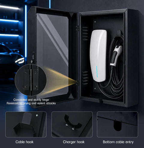 Wall Mounted EV Charger Protection Box Drip Proof Charging Case Universal Tesla Fit with cable hook and sturdy hinges.