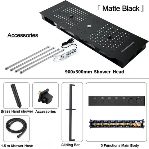 Turn Your Bathroom Into A Slick Spa Vibe With This Badass Smart Thermostatic Shower System Featuring Matte Black Bar Rain Head accessories and components.
