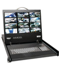 Top Shelf 16 Port Cat5 Kvm Switch With Integrated 19 Inch Rack Console featuring a monitor and keyboard for server control setup.