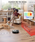 LiDAR Robot Vacuum And Mop with Slick Smart Mapping cleaning near pet in living room, no-go zone feature displayed, M330 Pro.