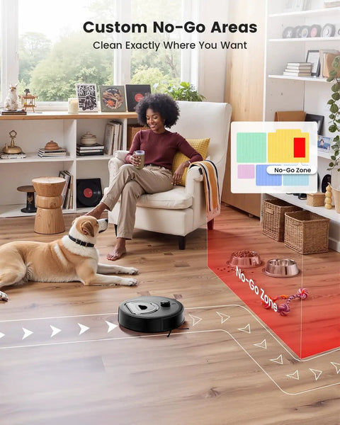 LiDAR Robot Vacuum And Mop with Slick Smart Mapping cleaning near pet in living room, no-go zone feature displayed, M330 Pro.