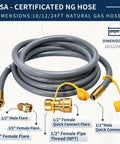 Half Inch Natural Gas Hose With Quick Connect For Propane To Natural Gas Conversion Kit For BBQ Grill Generator Pizza Oven Patio Heater Durable Weather Resistant CSA Certified coiled with connectors visible