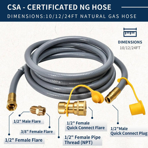 Half Inch Natural Gas Hose With Quick Connect For Propane To Natural Gas Conversion Kit For BBQ Grill Generator Pizza Oven Patio Heater Durable Weather Resistant CSA Certified coiled with connectors visible