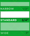 Size comparison of Invisible Magic Tape 4-Pack Refill Rolls 0.75 in x 1000 in, featuring narrow, standard, and wide options on a green background.