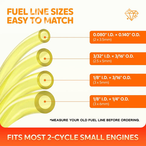 Image showing Dope Four Size Fuel Line Hose Kit For 2 Cycle Small Engines with labeled yellow tubing sizes for chainsaws and trimmers.