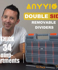 Person beside 34-Compartment Double-Sided Parts Organizer With Removable Dividers for hardware and crafts