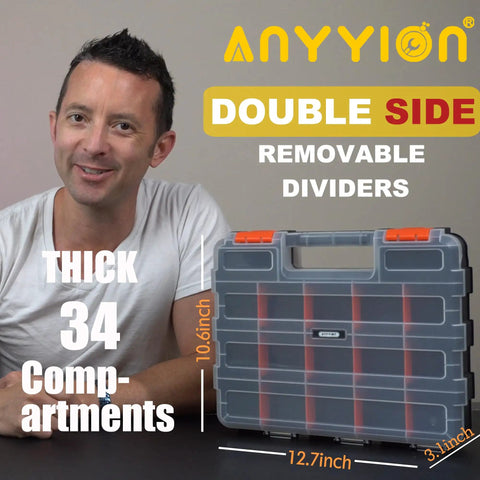 Person beside 34-Compartment Double-Sided Parts Organizer With Removable Dividers for hardware and crafts