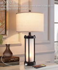 Set Of 2 Modern Table Lamps With USB Ports And Nightlight, Black Finish And White Frosted Glass on desk charging phone
