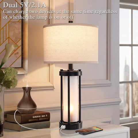 Set Of 2 Modern Table Lamps With USB Ports And Nightlight, Black Finish And White Frosted Glass on desk charging phone