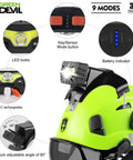 Top Shelf Ventilated Hard Hat With Dual Layer Visor Bluetooth Earmuffs And Led Headlamp Ansi Certified Construction Safety Gear showing LED bulbs, USB-C, and battery indicator.