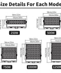 Size details for Bad Boy Led Flood Light For Outdoor Spaces, showing models 250W, 500W, 750W, 1000W, and 1250W with dimensions.