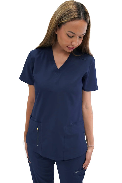 Womens Five Pocket V Neck Scrub Top For Medical Bosses Straight Fire Navy Nursing Uniform Featuring Relaxed Stretch Fabric, model showing top.
