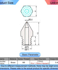 Diagram of MK8 brass nozzle showing dimensions for 26Pcs Ender 3 Nozzles Kit MK8 Brass 3D Printer Nozzles 0.2mm to 1.0mm.