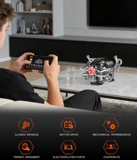 Teen using phone to control Mini V8 Engine Model Kit That Runs With 770 Piece Motorized Build Set And Lights, on table