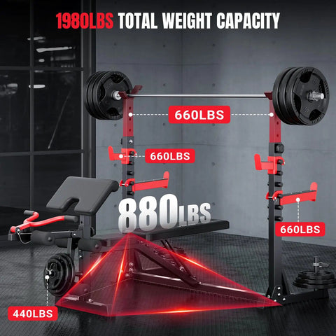 Beefy 1980 Lb Weight Bench With Wide Grip Rack For Home Gym Bench Press Set, showing weights and capacity markers