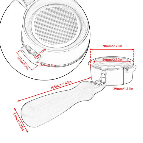 58mm Bottomless Portafilter For Breville Dual Boiler Machines Straight Up 304 Stainless Steel Filter Basket with wood handle dimensions and features.