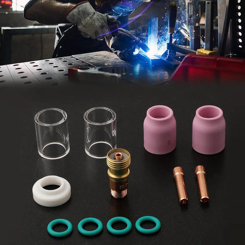 Pro Grade 12 Piece TIG Welding Torch Kit For WP17 WP18 WP26 with glass cups, alumina nozzles, and collets for tight space welds