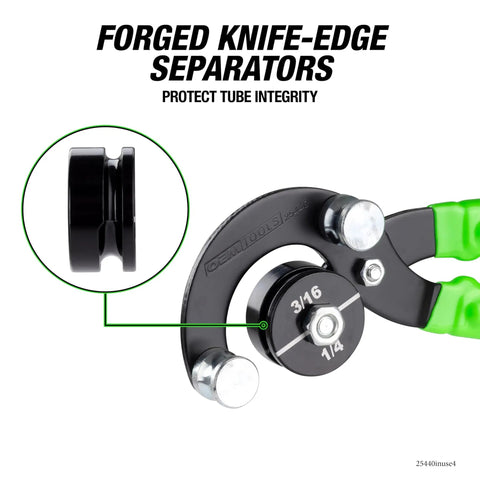 Pro Grade Stainless Steel Tube Bending Pliers For Brake Lines showing forged knife-edge separators, green handles